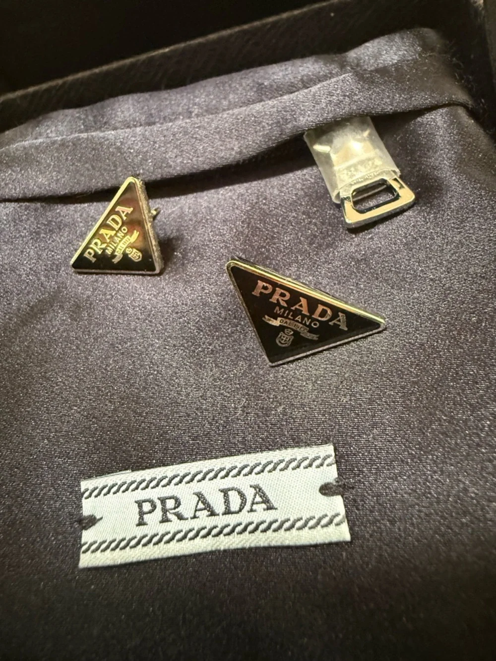 Prada Black and Silver Triangle Logo Studs - Picture 3 of 5